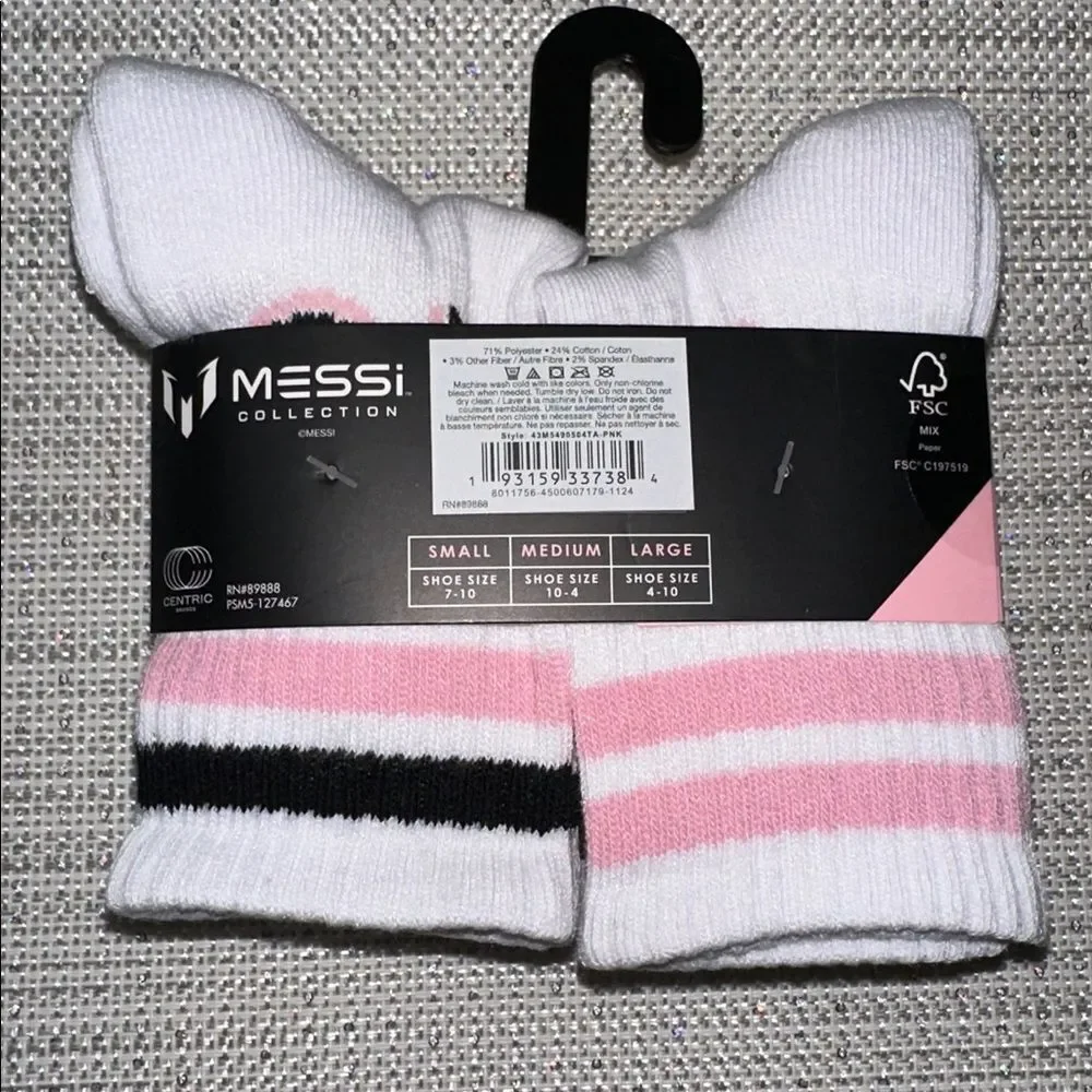 MESSI White Pink Black Boys Girls Big 10 Half Cushion Quarter Crew Socks